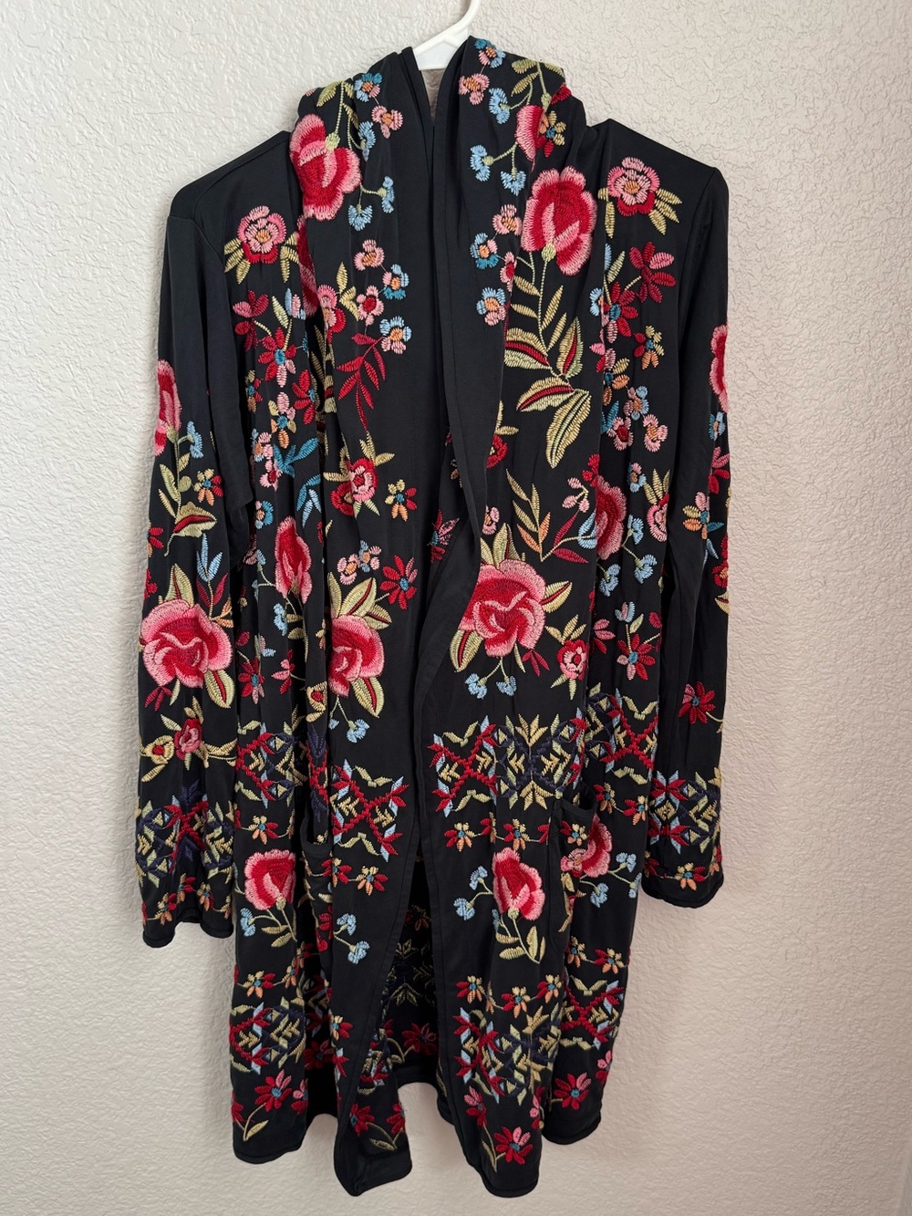 Johnny Was Black Open-Front Cardigan with Pink Floral Embroidery